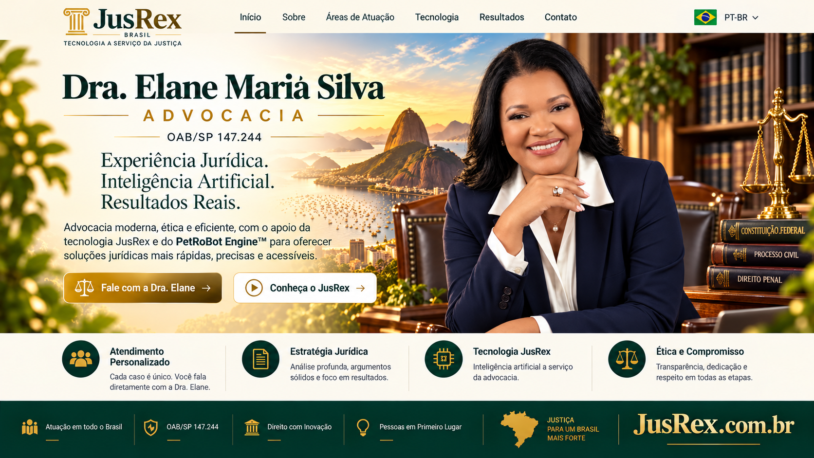 Apresentação institucional de Dra. Elane Maria Silva Advocacia, OAB/SP 147.244, com tecnologia JusRex, nas cores verde e dourado do Brasil.
